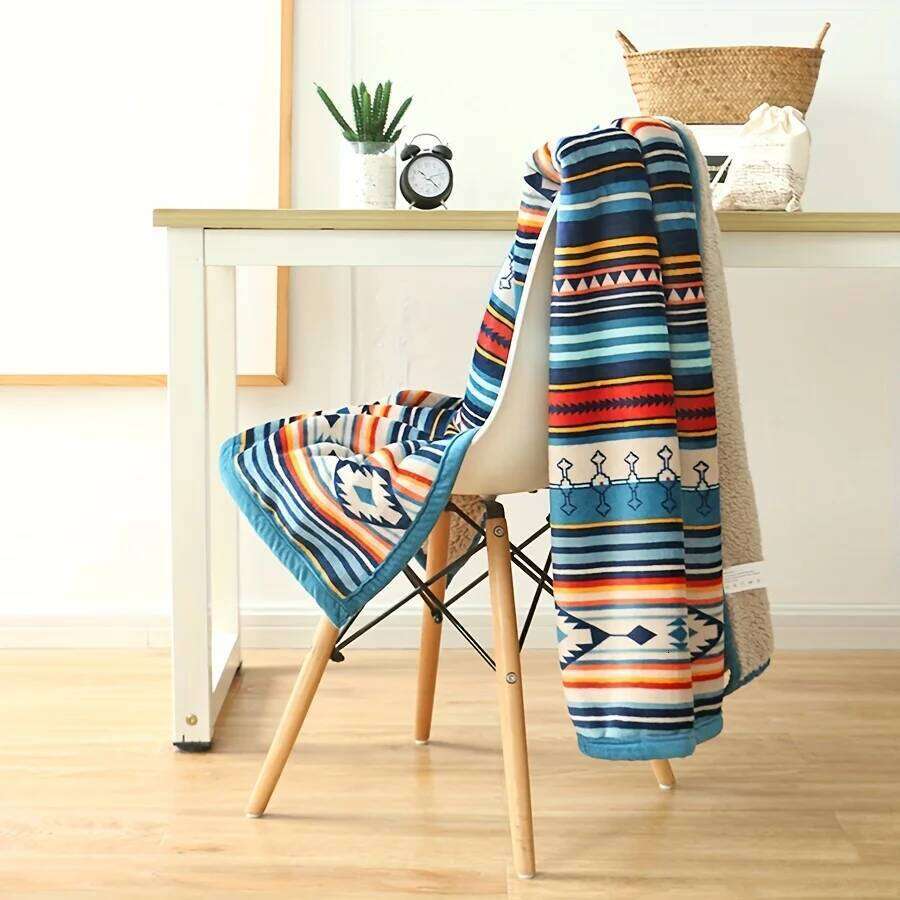 Nordic Stripe Fleece Blanket - Double Layer Thick Warm Boho Style for Sofa, Bed, Camping & Desk. W260120