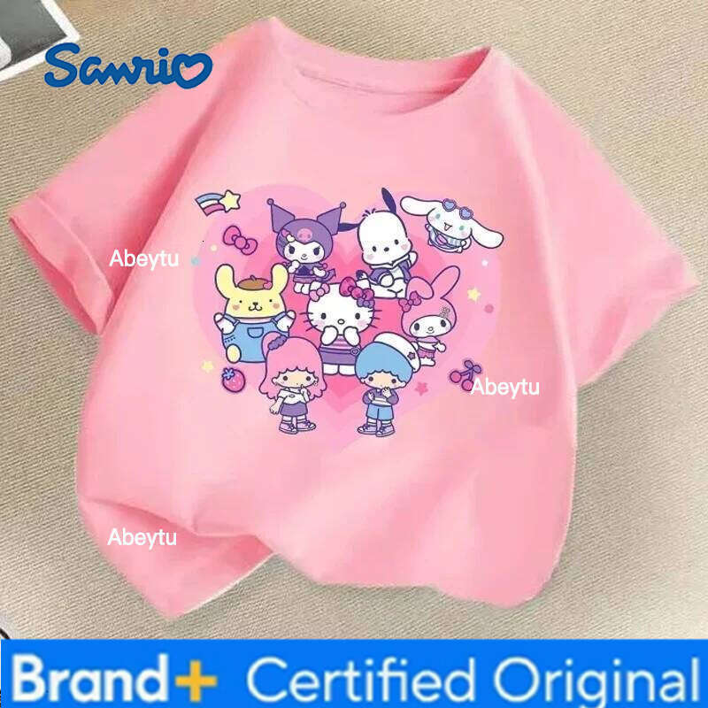 Sanrio Summer Children's Short Sleeve Cartoon Cotton T-shirt Kuromi Family Lovely Printing Girls Trend Fashion Pullover Tops Tee H260120