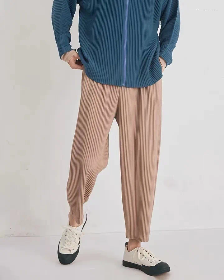 Men's Pants Miyake Summer Pleated Casual Tapered Nine-Point Drawstring Pleat Comfortable Small Foot Radish