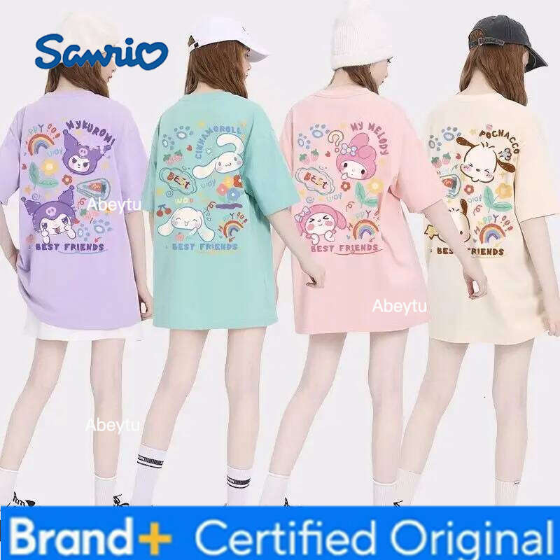 Sanrio Anime My Melody Cinnamoroll Kuromi Short-Sleeved T-Shirt 100% Cotton Summer Cartoon New Round Neck Loose Half-Sleeve H260120