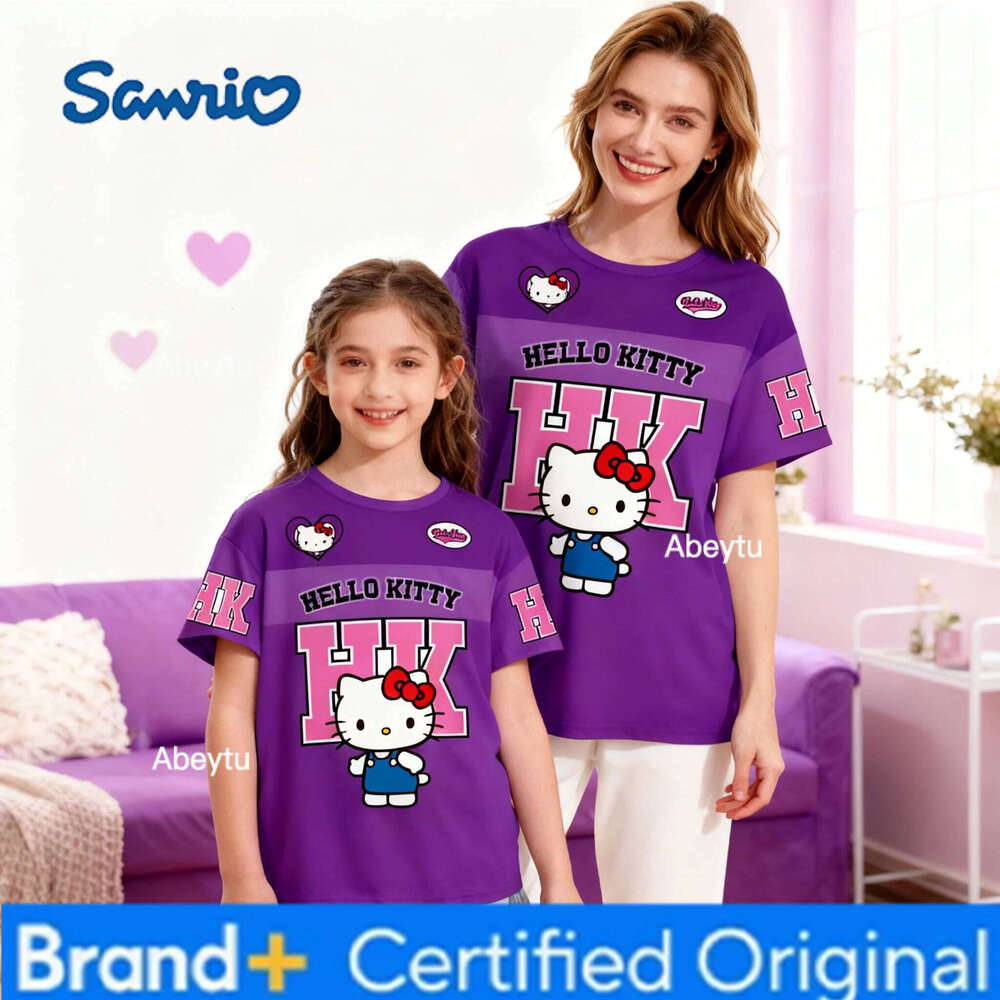 Sanrio New Style Hello Kitty Purple and White Baseball Oversized T-shirt for Women Children Casual Quick-dry V-neck Short-sleeved Shirt H260120