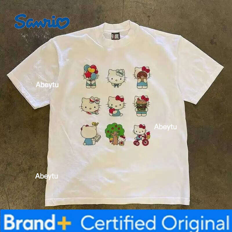 Sanrio MINISO Hello Kitty Series Funny Print T-Shirt Summer Cartoon Graphic Women's T-Shirts Crew Neck Fashion Loose Casual Top H260120