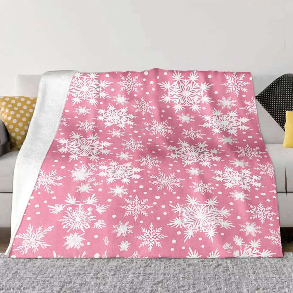 Pink Winter Snowflake Blanket - Soft Cosy Printed Throw with White Snowflakes & Dots, Festive Whimsical Design for Seasonal D W260120