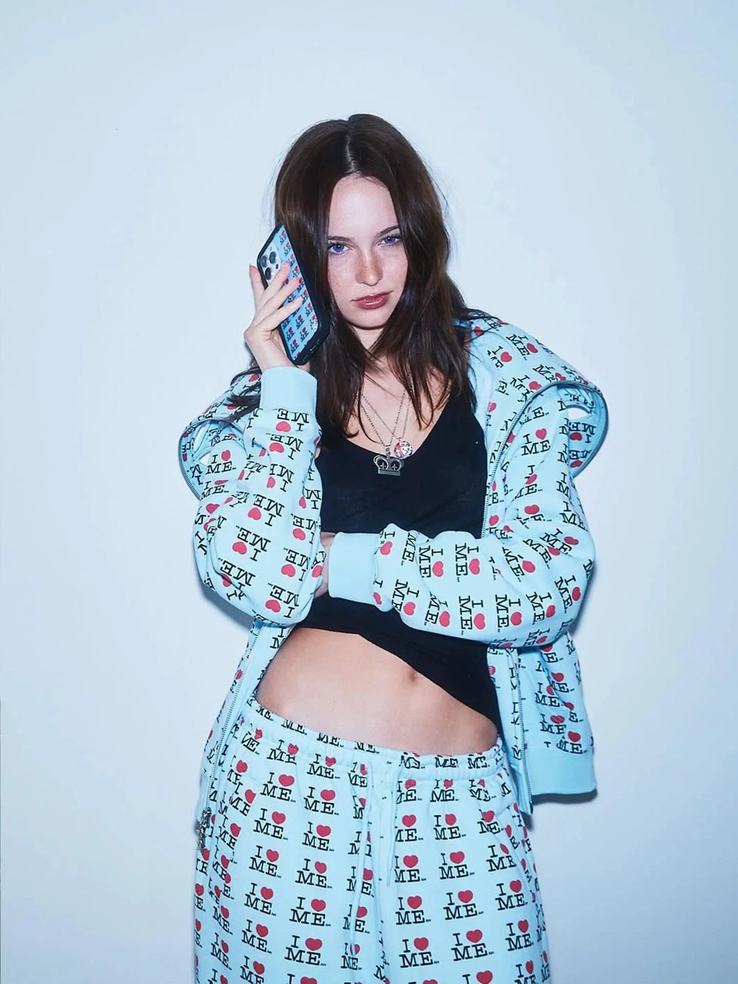 Williams Love Letter Printed Hooded Sweatshirt Cardigan Set 260109