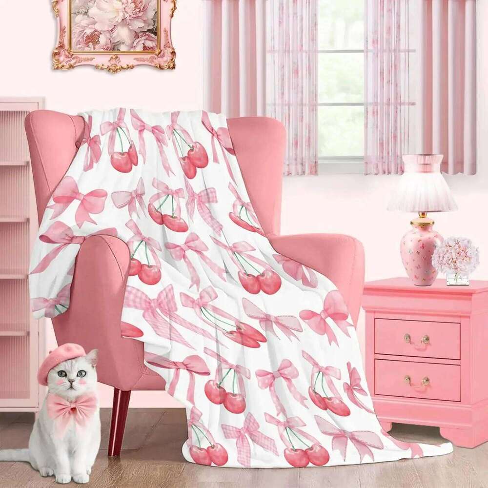 Pink Bow Throw Blanket Soft Flannel, Cute Bowknot Cherry Design, Preppy Girly Gift for Girls, Women, Teens W260120