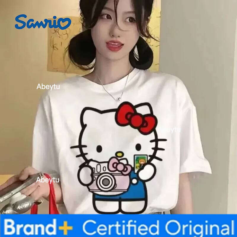 Sanrio Kawaii Hello Kitty Y2K Korea Anime Cute Summer Women's Couple Fashion Loose Comfortable Cotton T-Shirt Tops H260120