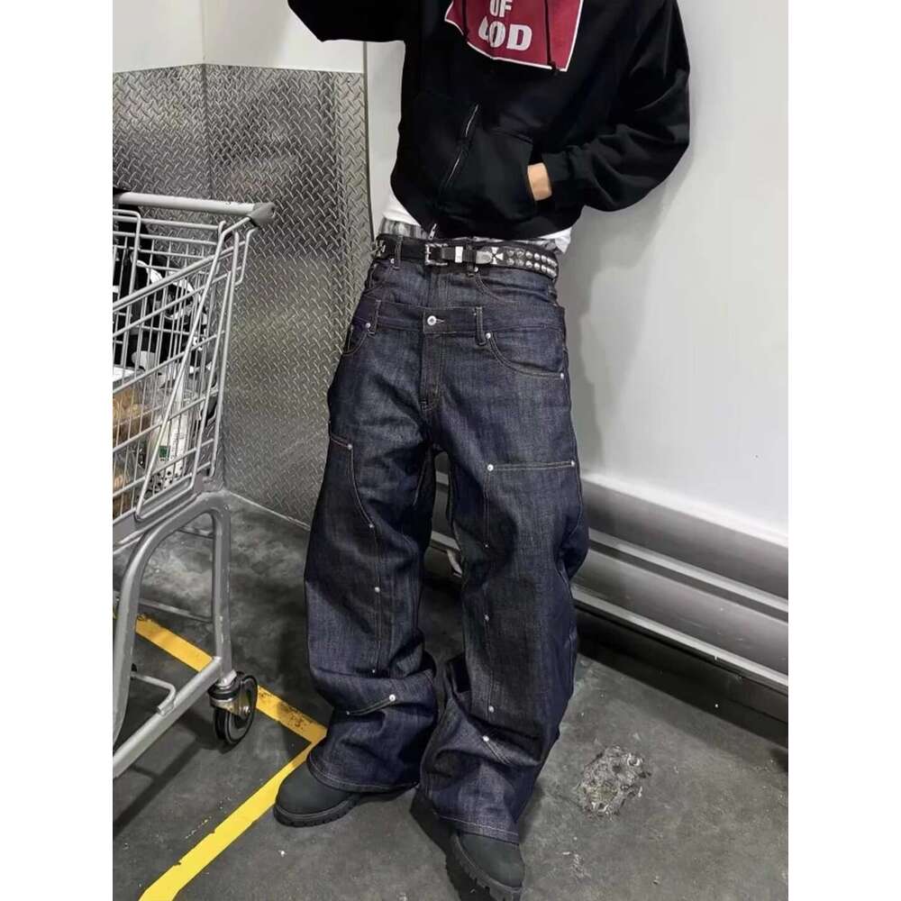 American-style high street retro patchwork double-waist top street low-rise denim pants for men, loose straight wide-leg trendy brand long pants J2601