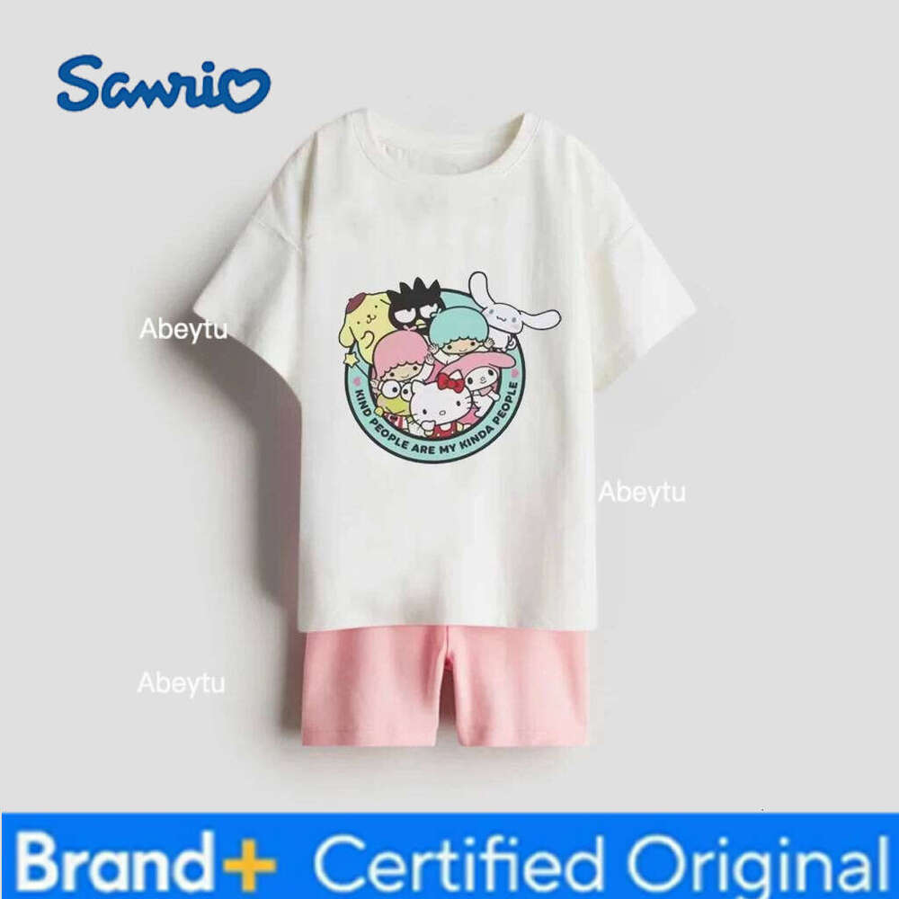 Sanrio Kuromi Melody Girl Short Sleeve T-shirt Children's Summer Pure Cotton Casual Clothing Kids Clothes Set H260120