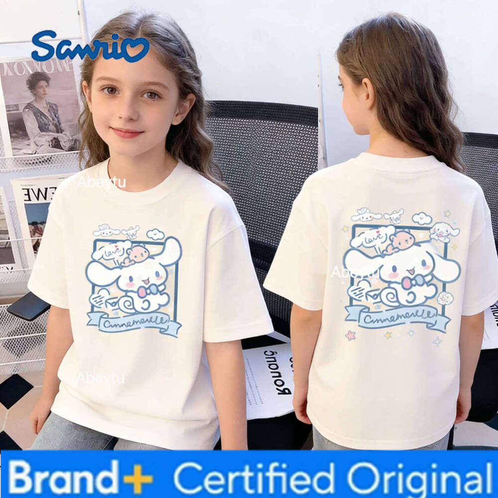 Sanrio Summer Cinnamoroll Print Cotton Short Sleeve T-shirt for Big Children Girls Cute Casual Family Clothing Top H260120
