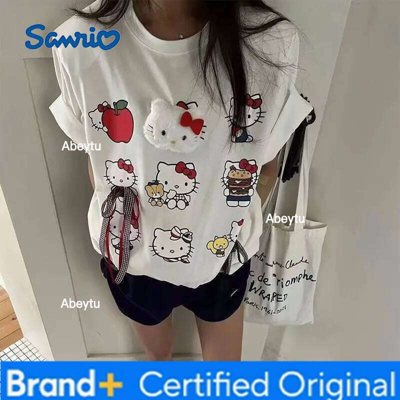 Sanrio HelloKitty girl t-shirt Spring and summer Pure cotton Cartoon Loose short sleeves Kawaii Jacket Three-dimensional doll H260120