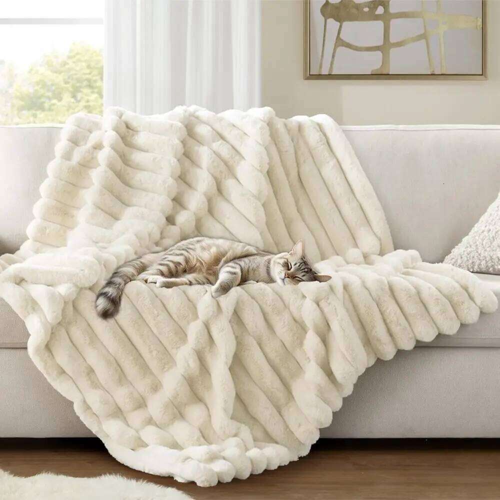 Ultra Soft Faux Rabbit Fur Throw Blanket Warm Plush Striped Blankets Conditioning Quilt Fluffy Throws for Couch Chair Sofa W260120