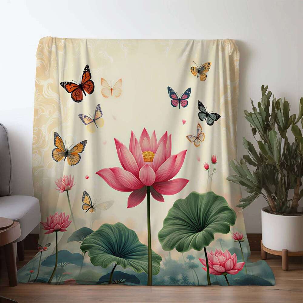 1pc Vintage Floral & Butterfly Print Flannel Blanket - Soft Polyester All-Season Cozy Throw for Sofa, Bed, Car, Office W260120