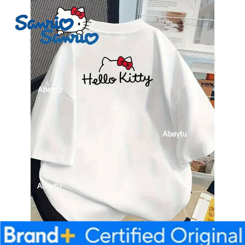 Sanrio Official Hello Kitty Women's Cute Red Bow Pattern Top Soft Round Neck Style Fan Birthday Party T-Shirt H260120