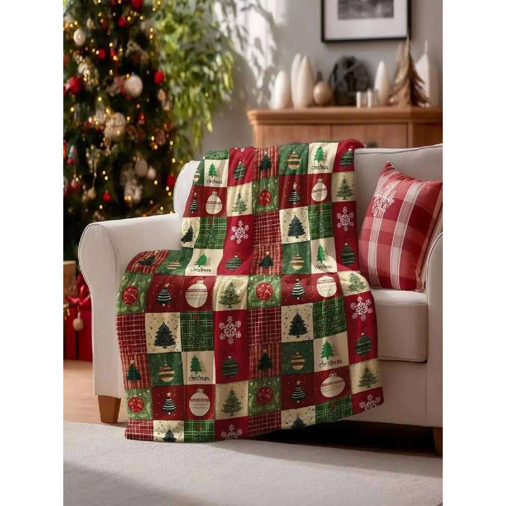 Christmas Flannel Blanket Throw Red Green Checkered Tree Design Couch Sofa Bed Cozy Lounging Gift for Kids Adults Wife W260120
