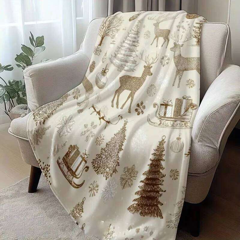 1pc Ultra-Soft Luxury Flannel Christmas Blanket - Vintage Winter Scenes with Reindeer W260120
