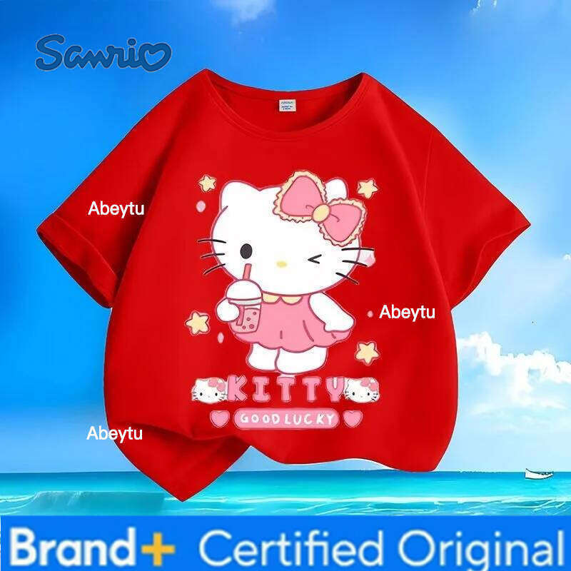 Sanrio Limited Time Hot Sale Cotton Hello Kitty Cartoon Kids T-shirt Summer New Loose Round Neck Casual Tops for Boys Girls H260120