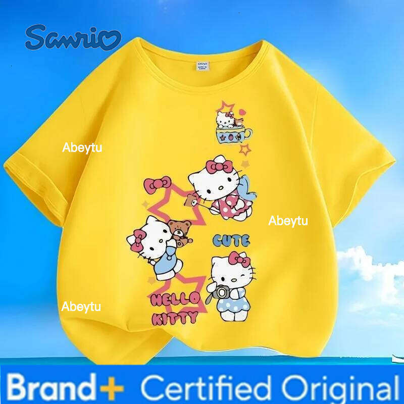 Sanrio Global Hot Sale Summer New Arrival Hello Kitty Print Kids T-shirt Crew Neck Versatile Skin-friendly Breathable Comfortable Tops H260120