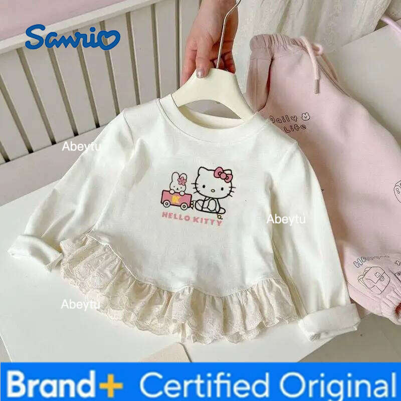 Sanrio Hello Kitty Long Sleeve T Shirt Pure Cotton for Girls Undershirt Spring New Cartoon Print Lace Trim Fashionable Pullover H260120
