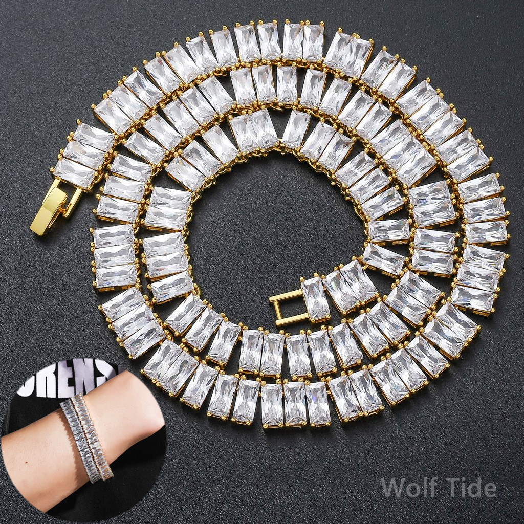 10MM Iced Out Baguette Cz Stones Tennis Chain Necklace Bling Square Cubic Zirconia Hip Hop Chains Jewelry Rock Punk Party Gold Luxury Jewelry Gift for