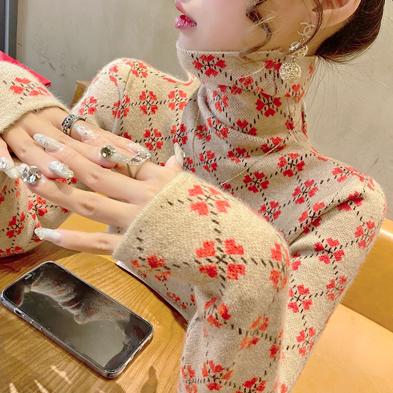 Women Knitwear Fashion Slim Letter Jacquard Pullovers Autumn Winter Soft Elastic Turtleneck Commute Sweaters 250724