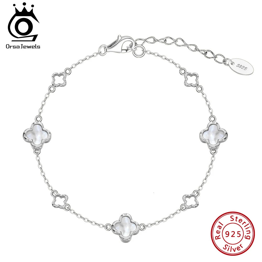 ORSA JEWELS 925 Sterling Silver White Shell Four-Leaf Clover Bracelet O-Chain Symbol Of Riches Luck Flower Style Present GMB68 260113