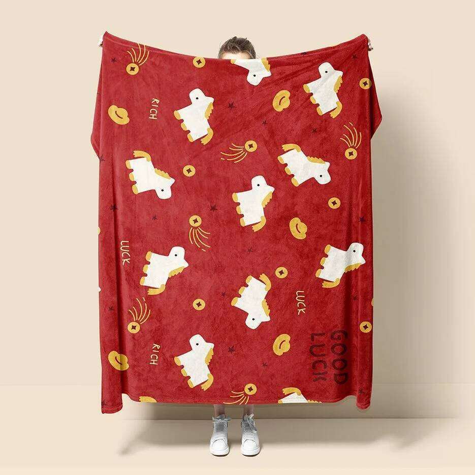 2026 New Horse Year Red Sofa Office Winter Thick Cover Soft Blanket Gift W260120