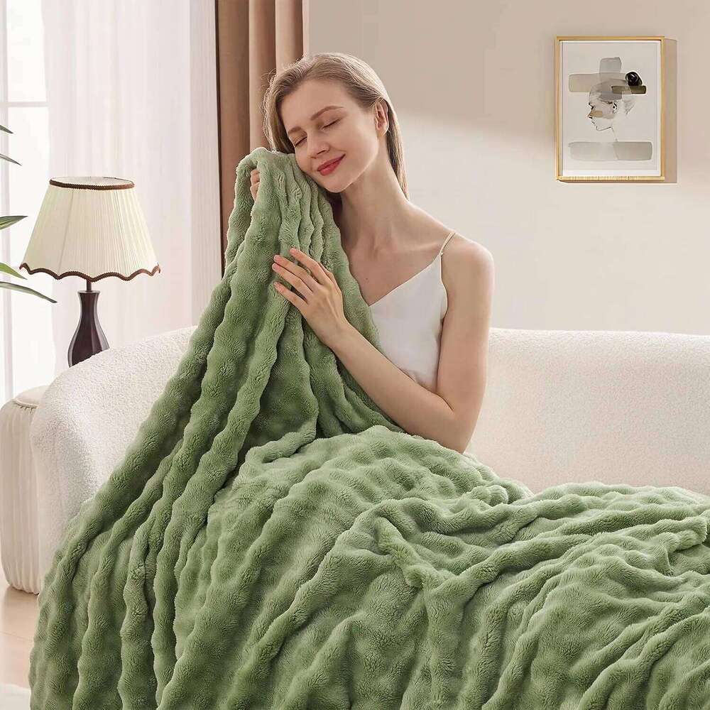 Sage Green Bubble Fleece Couch, Super Soft Cozy Cute Throw for Women, Christmas Gift Fuzzy Flannel Blanket W260120