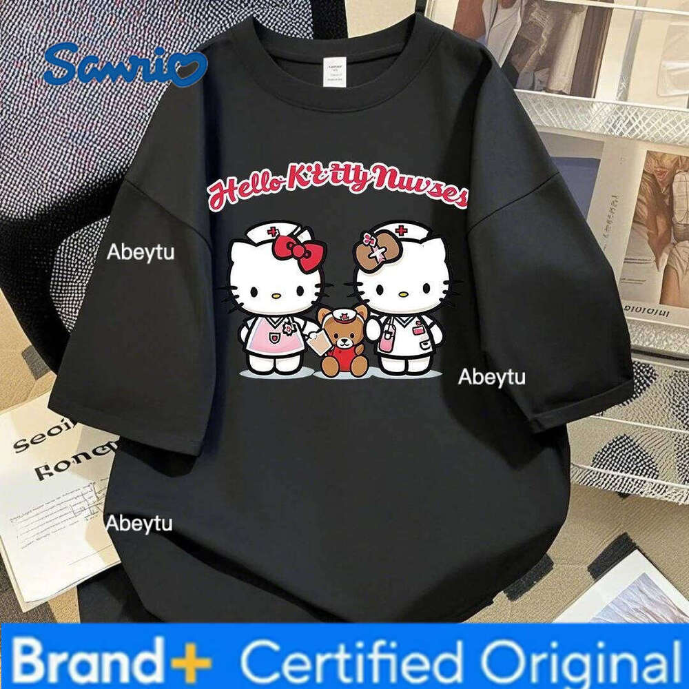Sanrio American-style Cute Hello Kitty Printed Round-neck Pure Cotton Men's Short-sleeved T-shirt for 2025 Summer Couple H260120