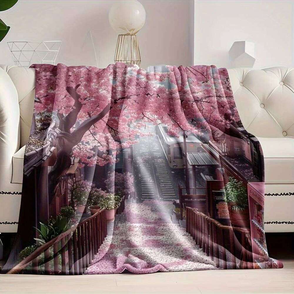 1pc Cherry Blossom Floral Print Flannel Throw Blanket - Soft, High-Definition Digital Print, All-Season Use, Perfect Gift for W260120