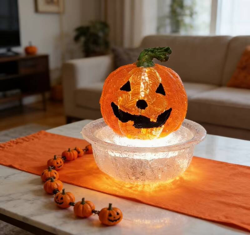 Halloween Pumpkin Lantern Fountain USB Powered Transparent Resin Desktop Ornament for Home Party Decoration