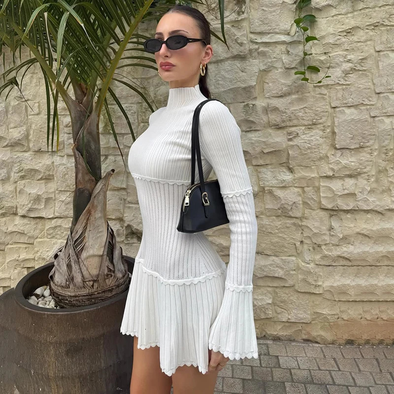 Tornova Fashion Hollow Knitted Dress For Women Long Sleeve Splice Elegant Slim Mini Dress Ruched Summer Party Dress Lady 260119