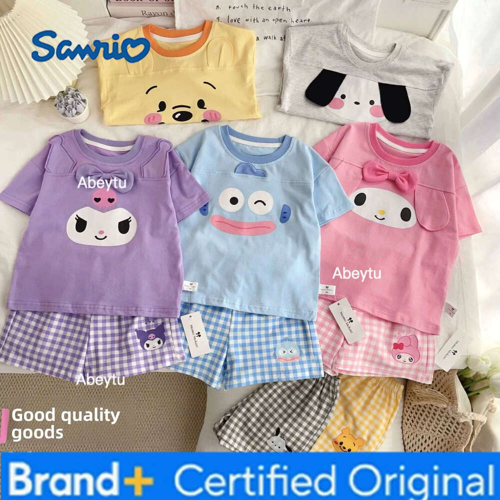 Sanrio Children 2Pcs Kuromi Kawaii Tops My Melody Tshirt Pochacco Suit Hangyodon Shorts Household Clothes Pajamas Studen New Hot H260120