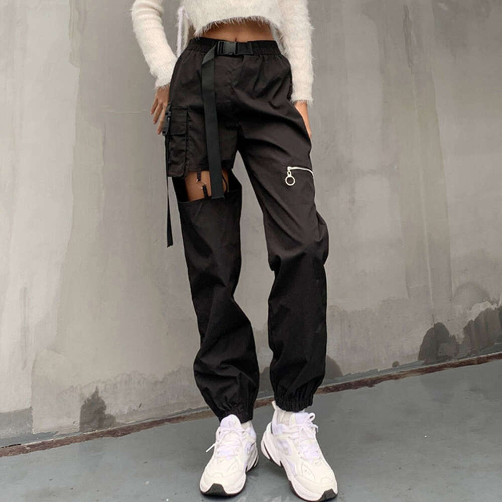 Women's hollow-out punk cargo pants with belt buckle, high-waisted zipper pants J260120