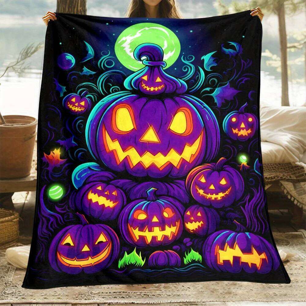 Halloween pumpkin spooky haunted night party blanket purple jack o lanterns glow in dark festive seasonal decoration W260120