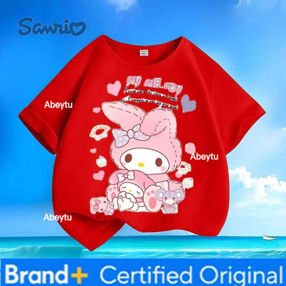 Sanrio Sweet and Cute Melody Printed Summer New Collection Children's Short Sleeve T-shirt Round Neck Versatile Top Girl Clothes H260120
