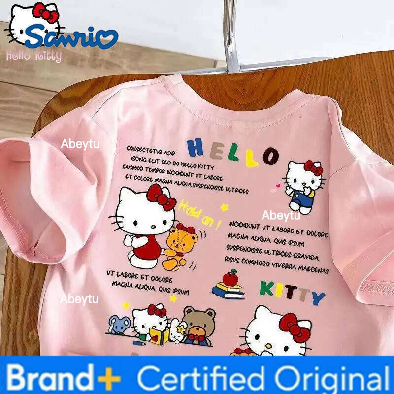 Sanrio Hello Kitty Girls' Summer New Cotton T-shirt anime kawaii Fashion Short Sleeve kids Cartoon Sweet Loose Round Neck Tops H260120