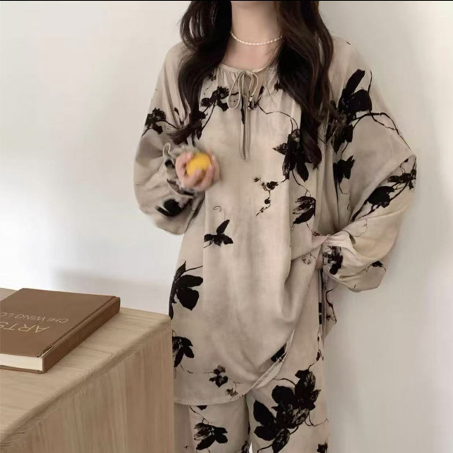 B1349-Elegant Women's Pajama Ensemble: Matching Cherry Patterned Tops and Bottoms with Sleeves