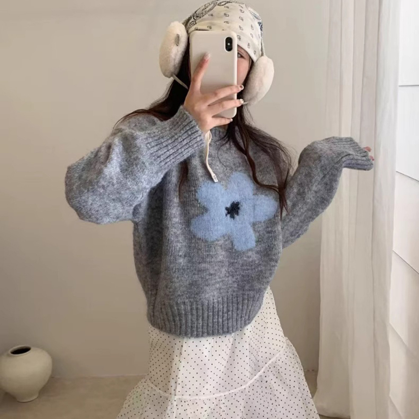 Knitted Women Sweater flower Harajuku Fashion Pattern Printing Loose Tops Casual Streetwear Pullover 240828