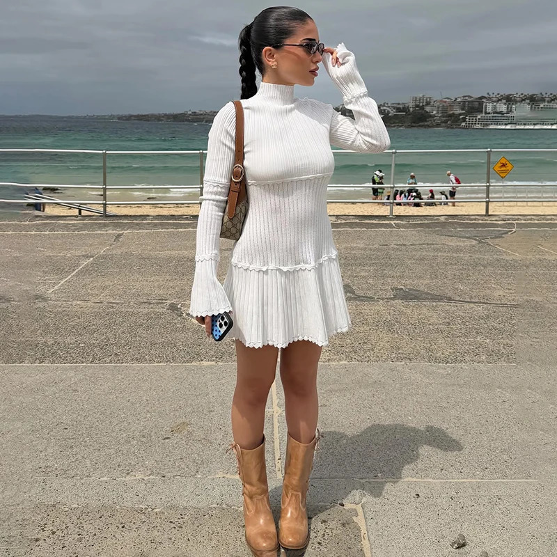 Tornova Fashion Hollow Knitted Dress For Women Long Sleeve Splice Elegant Slim Mini Dress Ruched Summer Party Dress Lady 260119