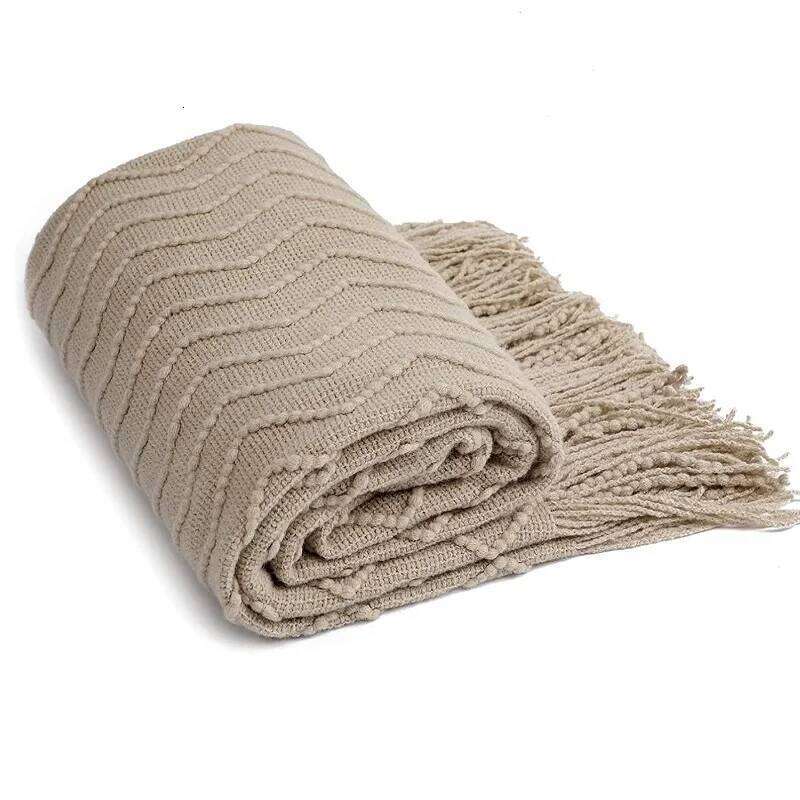 Gift Khaki Wave Blankets Textured Solid Soft Sofa Couch Cover Decorative Cozy Knitted Blanket with tassels W260120
