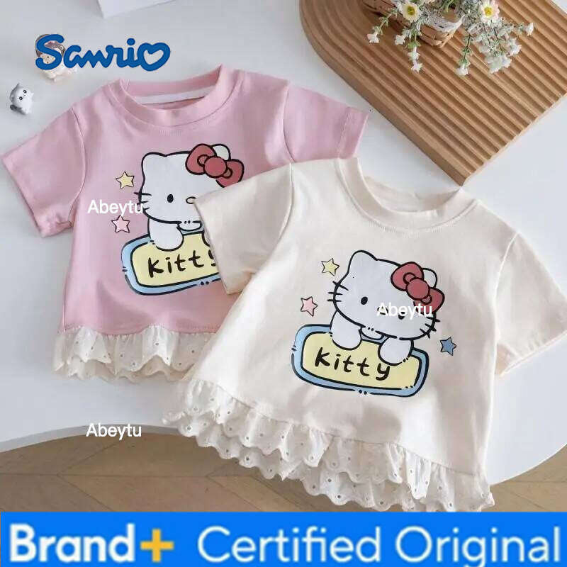 Sanrio Hello Kitty Short Sleeve T Shirt Tops Lace Bow Girls Summer Korean Style New Sweet Fashionable Cute Elegant Kawaii Tee H260120
