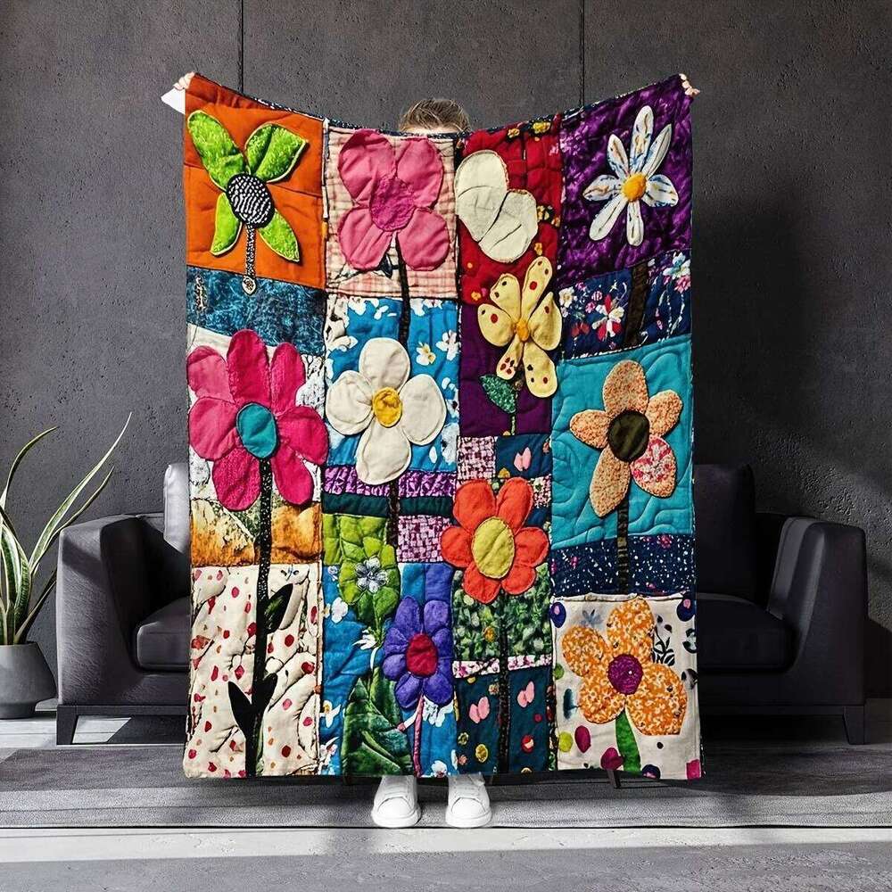 Vintage Floral Patchwork Blanket - Soft Flannel Throw for Sofa/Bed/Travel, Cozy All-Season Decor, Machine Washable W260120