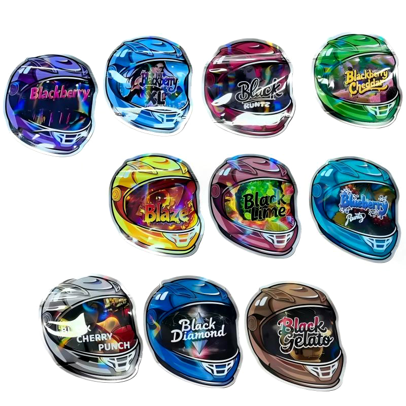 Holographic Empty Irregular Mylar Bag 3.5g Die Cut Shaped Zipper Bags Helmet Moto Designs Smell Proof Stand Up Pouch 0.125 Oz