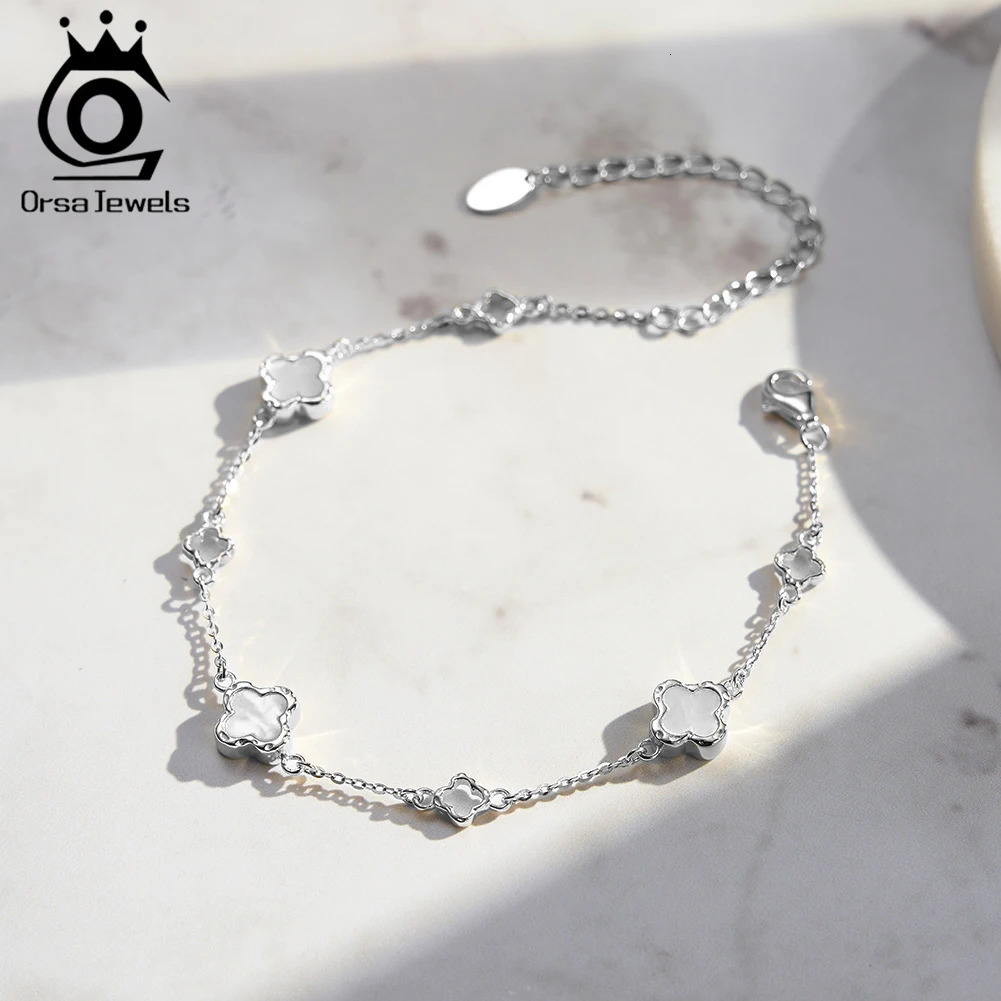 ORSA JEWELS 925 Sterling Silver White Shell Four-Leaf Clover Bracelet O-Chain Symbol Of Riches Luck Flower Style Present GMB68 260113 - view 4