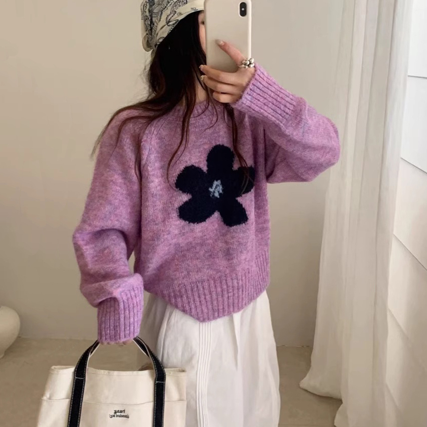 Knitted Women Sweater flower Harajuku Fashion Pattern Printing Loose Tops Casual Streetwear Pullover 240828
