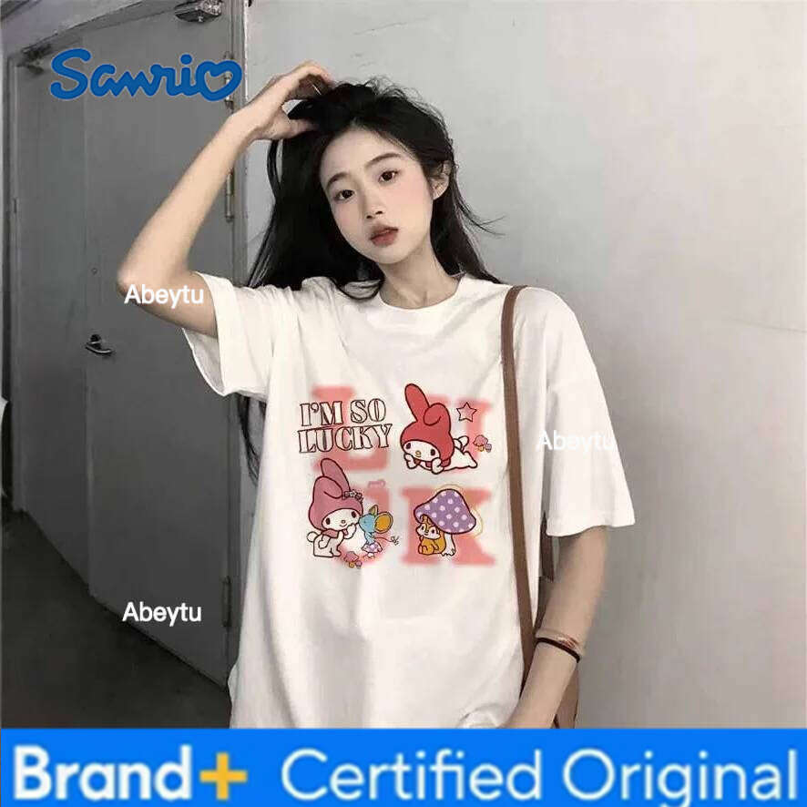 Sanrio Anime Cartoon Hello Kitty My Melody Cinnamoroll Women's Printed T-Shirt Summer New Solid Color Short Sleeved Casual Top H260120
