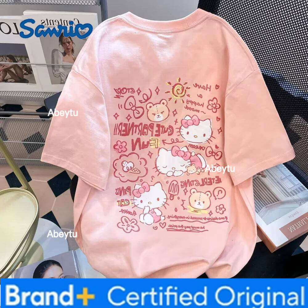 Sanrio 2025 new Printed Pink Cute Graffiti Kitty Cat Short Sleeved T-shirt for Men and Women Quick Drying Top H260120