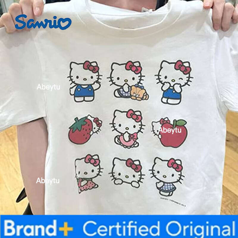 Sanrio Y2K Kawaii Anime Hello Kitty Women White T-Shirt Summer Cotton Cartoon Printing Short Sleeve Trend Crop Tops Girl Gift Clothes H260120