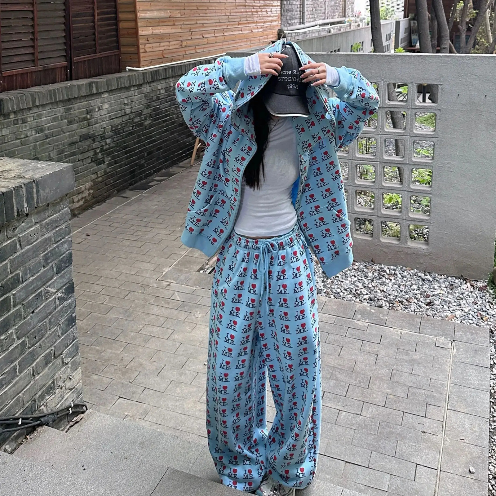 Williams Love Letter Printed Hooded Sweatshirt Cardigan Set 260109