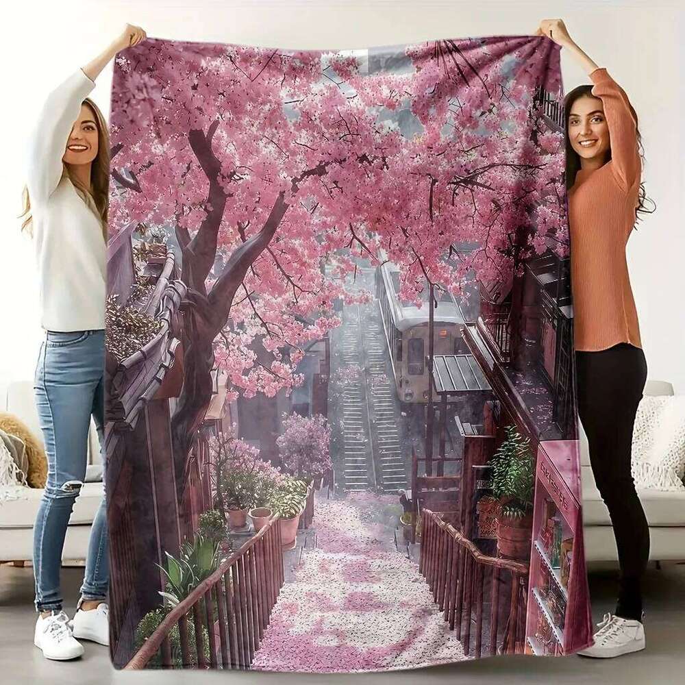 1pc Cherry Blossom Floral Print Flannel Throw Blanket - Soft, High-Definition Digital Print, All-Season Use, Perfect Gift for W260120